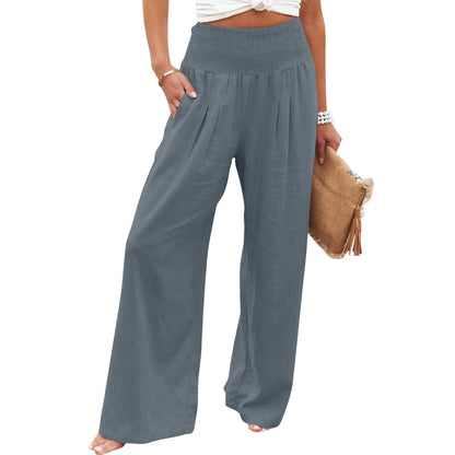 JuliaFashion-High Waist Pleated Cotton Linen Wide Leg Pants