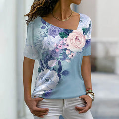 JuliaFashion - 2024 Women's 3D Print Floral Print V Neck Basic Tops