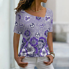 JuliaFashion - 2024 Women's Summer Abstract Vintage Prints Short Sleeves V-Neck Pullover