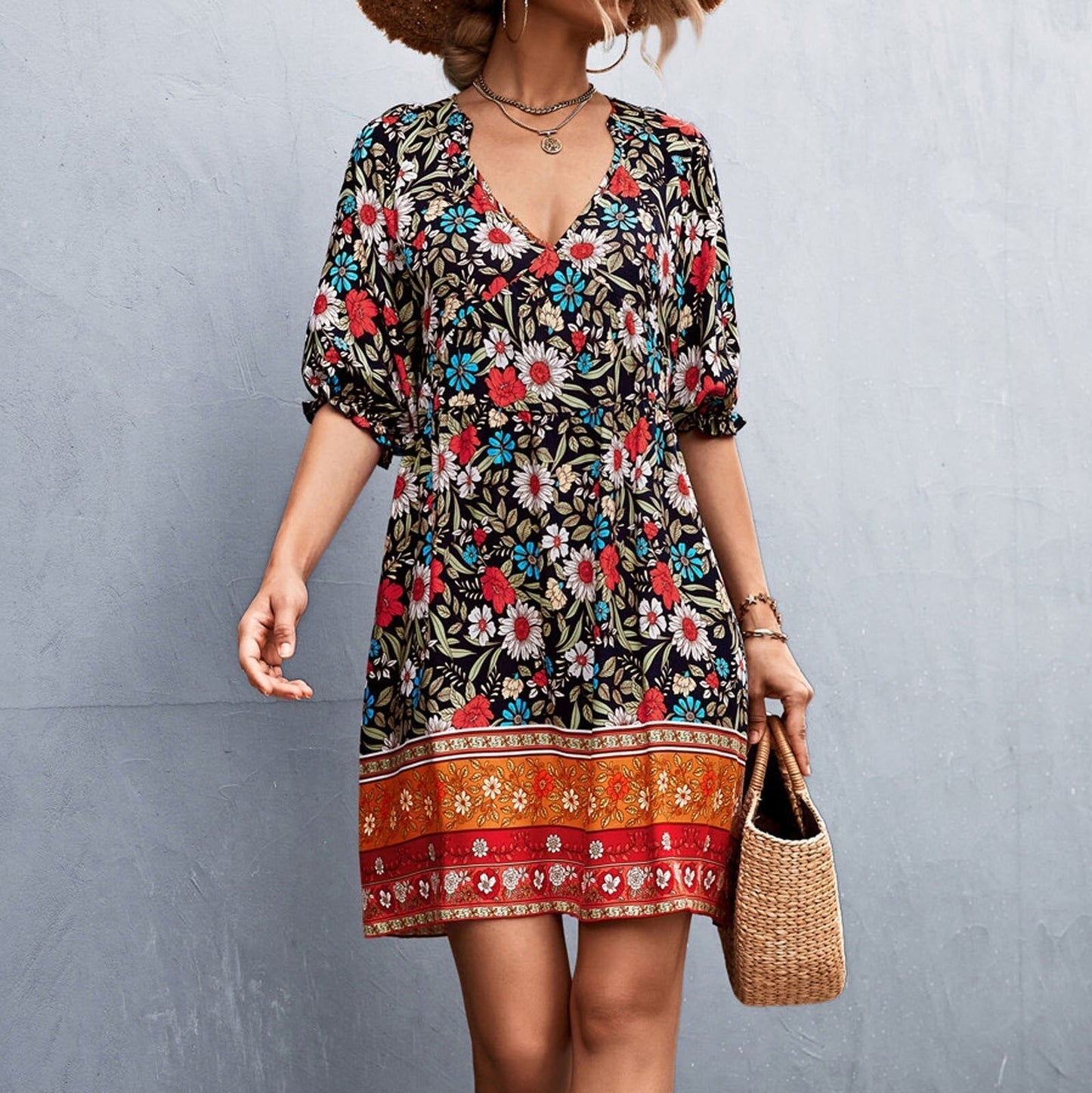 JuliaFashion-Floral Print V-Neck Boho Sundress