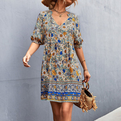 JuliaFashion-Floral Print V-Neck Boho Sundress