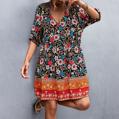 JuliaFashion-Floral Print V-Neck Boho Sundress