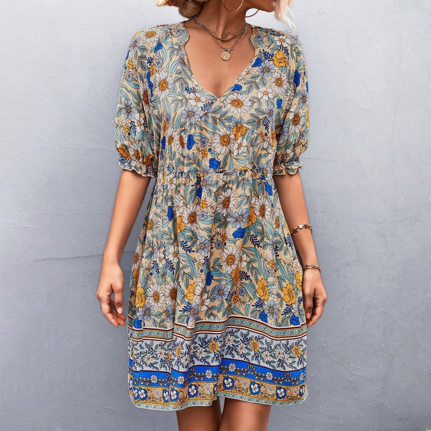 JuliaFashion-Floral Print V-Neck Boho Sundress