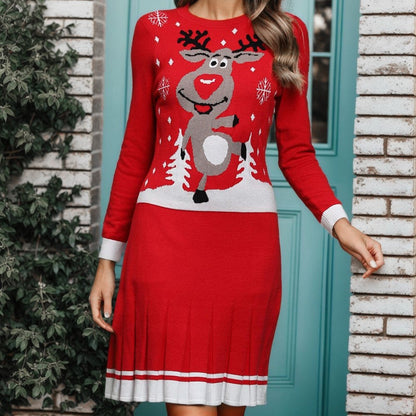 JuliaFashion-Christmas Cartoon Printed Knitted Midi Dress