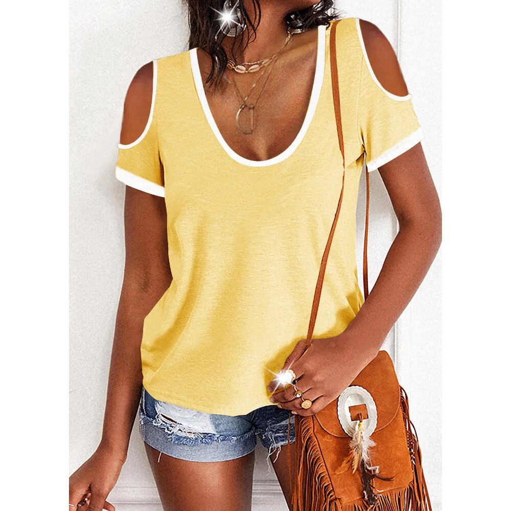 JuliaFashion - 2024 Scoop Neck Cold Shoulder Tee