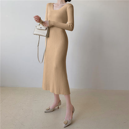 Women's Kintted Square Collar Long Sleeve Midi Dresses