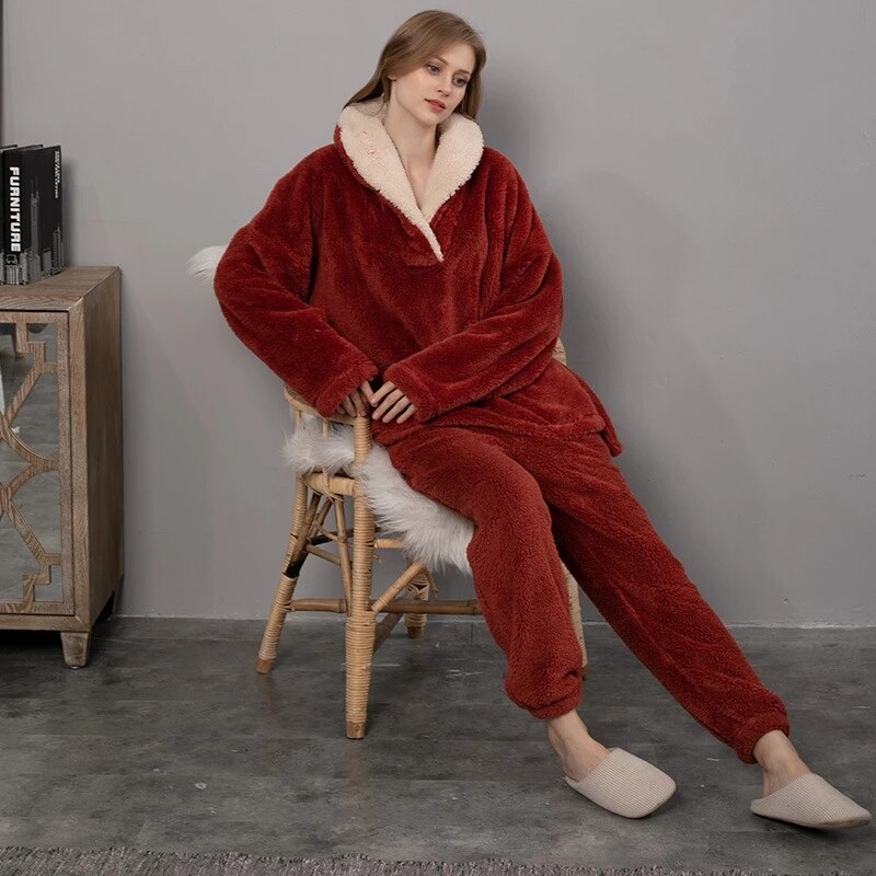 JuliaFashion-Fleece Winter Thick Pajamas Set 2 Pcs With Pant