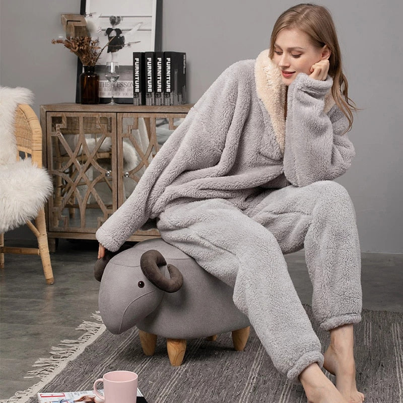 JuliaFashion-Fleece Winter Thick Pajamas Set 2 Pcs With Pant