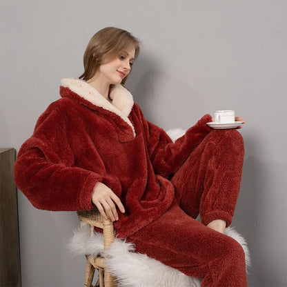 JuliaFashion-Fleece Winter Thick Pajamas Set 2 Pcs With Pant