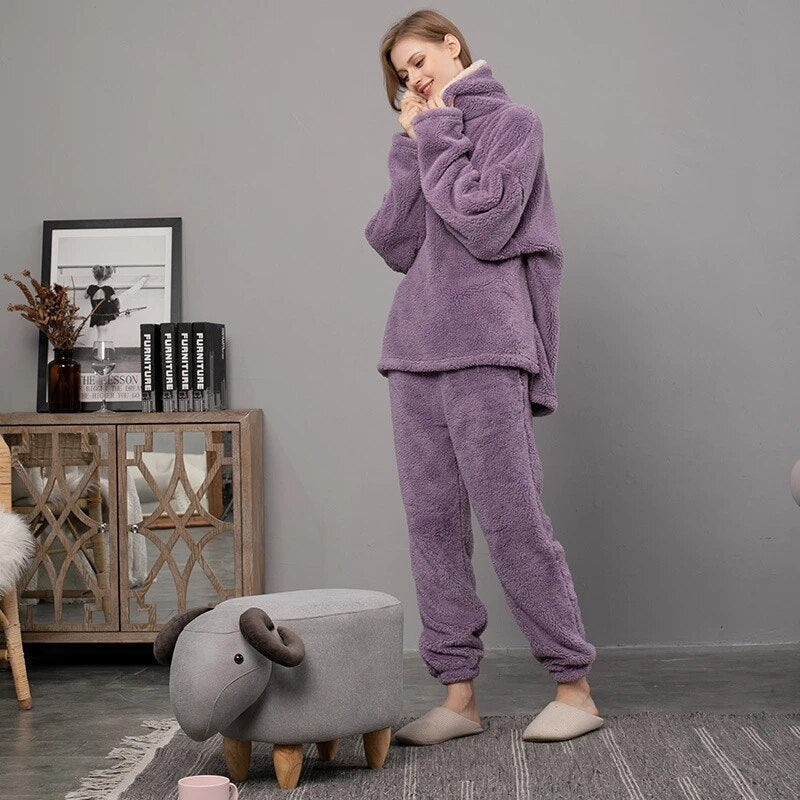 JuliaFashion-Fleece Winter Thick Pajamas Set 2 Pcs With Pant