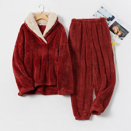 JuliaFashion-Fleece Winter Thick Pajamas Set 2 Pcs With Pant