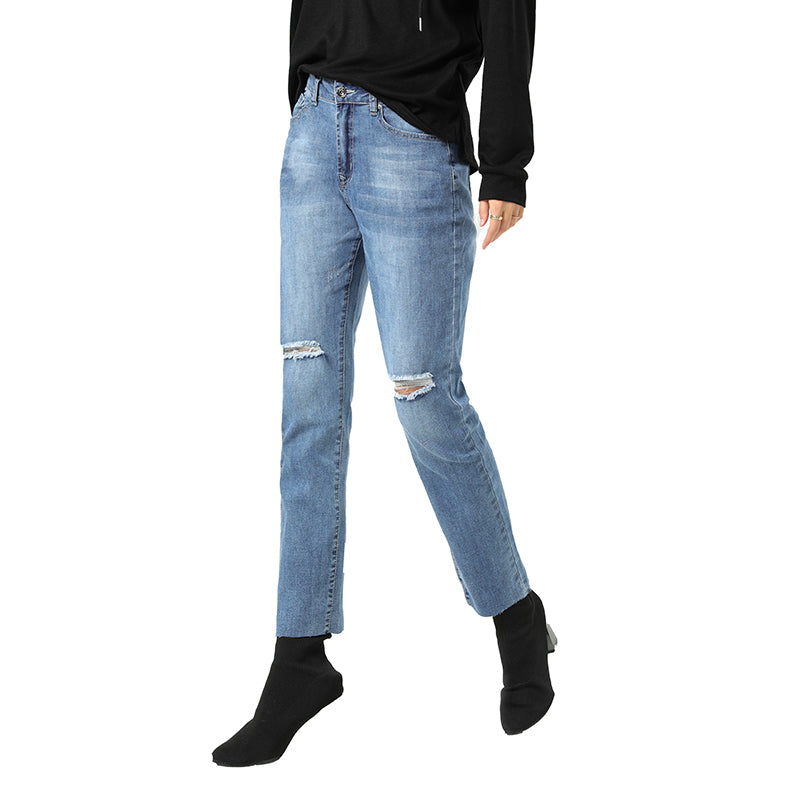 Women's Jeans Mid Waist Ripped Denim Pants