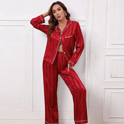 JuliaFashion-Faux Silk Striped Pajamas with Pants And Shirt