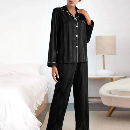 JuliaFashion-Faux Silk Striped Pajamas with Pants And Shirt