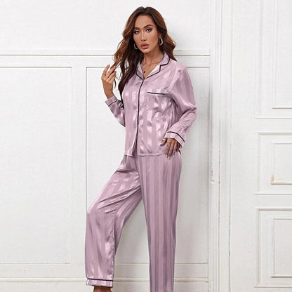 JuliaFashion-Faux Silk Striped Pajamas with Pants And Shirt