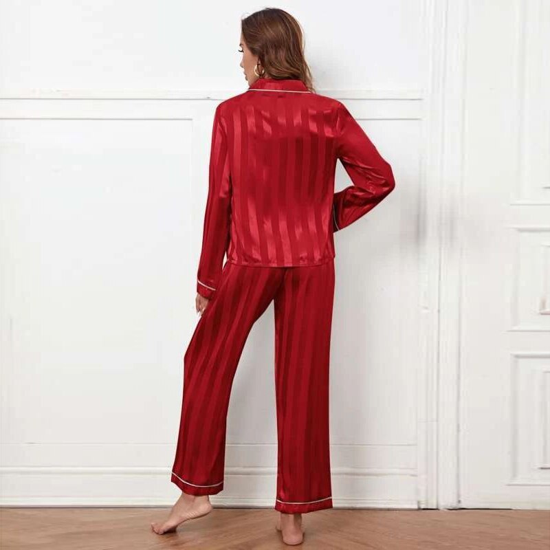 JuliaFashion-Faux Silk Striped Pajamas with Pants And Shirt