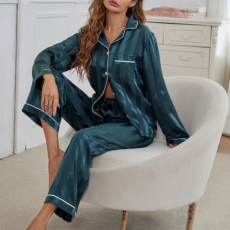 JuliaFashion-Faux Silk Striped Pajamas with Pants And Shirt