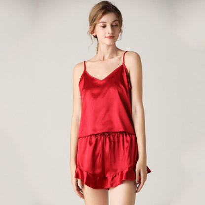 JuliaFashion - 2024 Silk Satin Ruffled Cami Shorts Pajamas Set