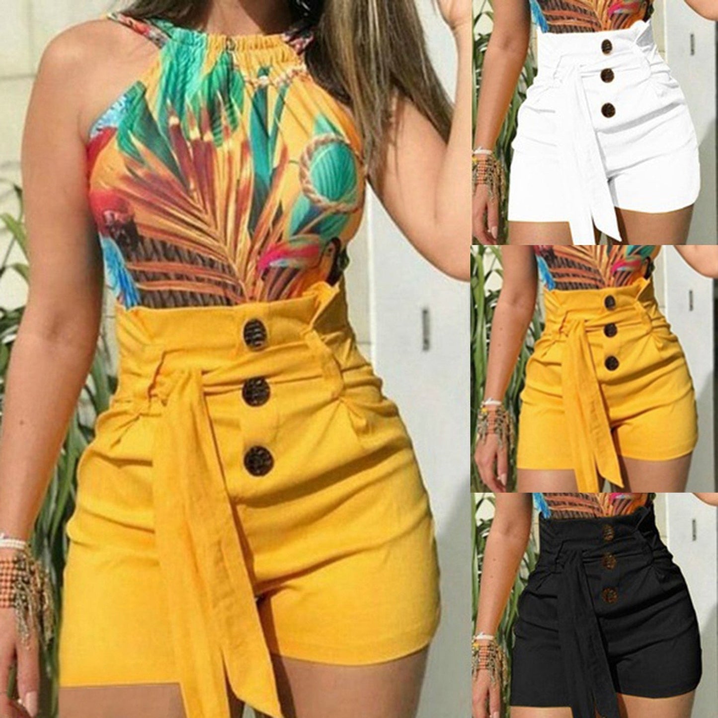 JuliaFashion - 2024 Slim Fit Belted High Waist Solid Short