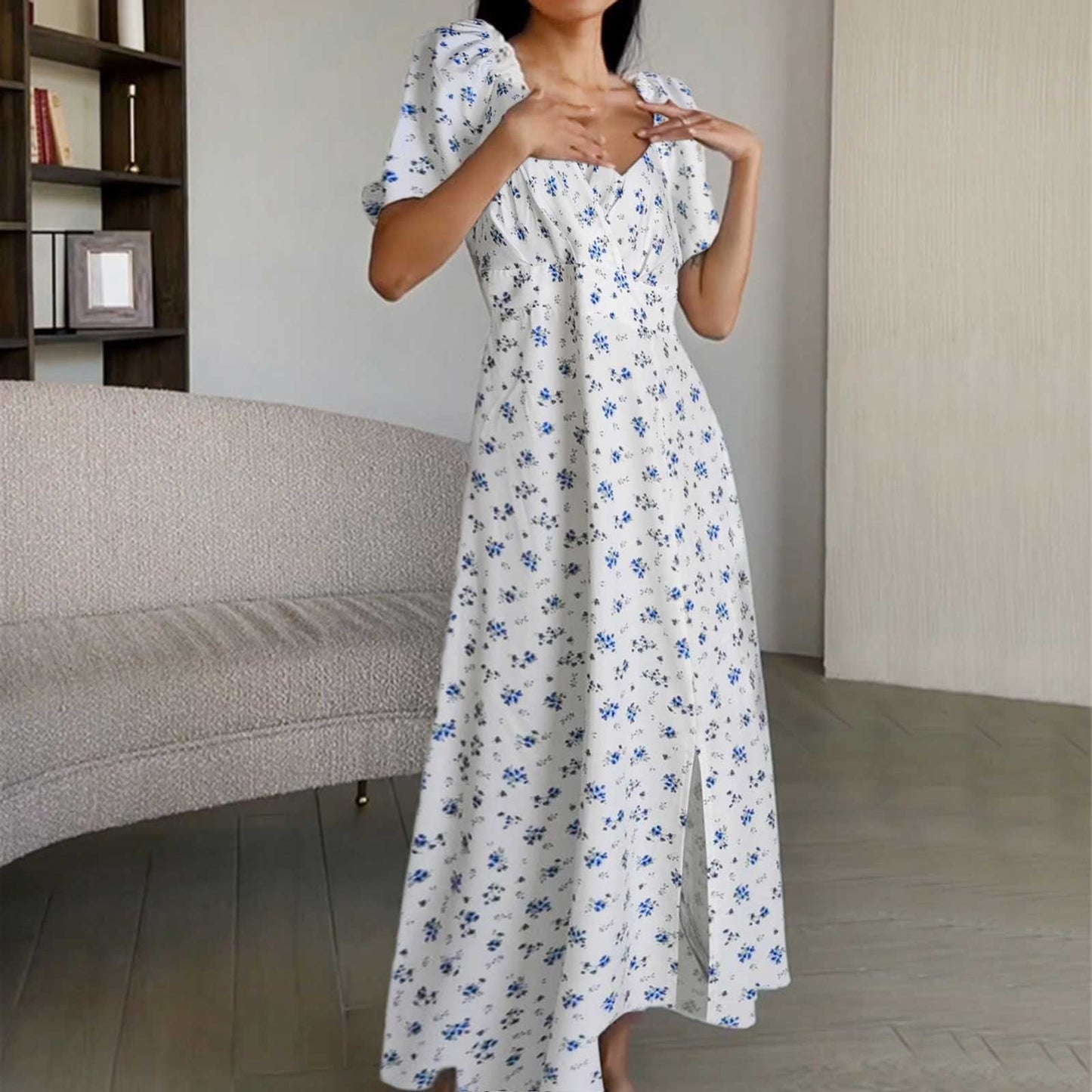 JuliaFashion - 2024 Vintage Floral Print Chiffon Maxi Dress