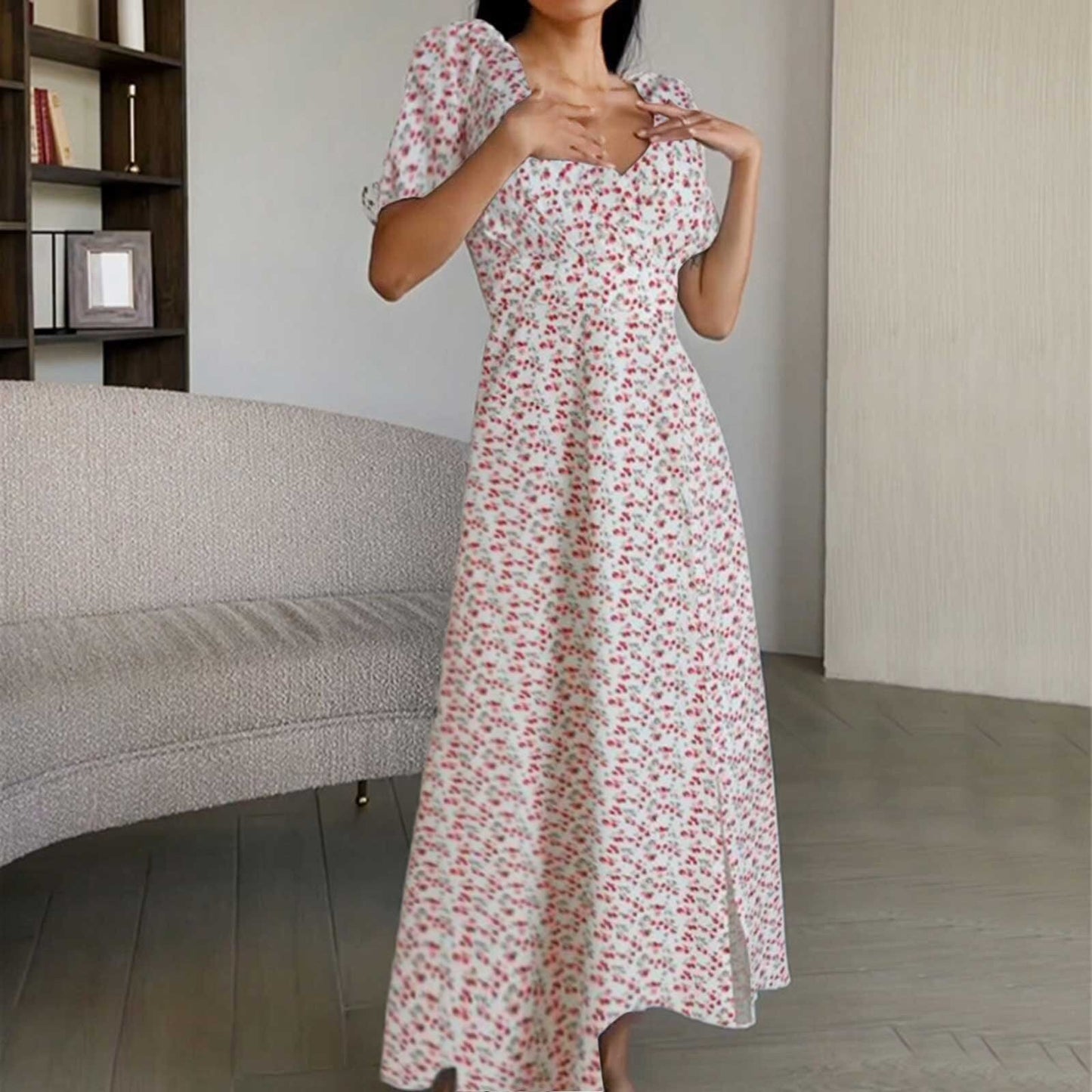 JuliaFashion - 2024 Vintage Floral Print Chiffon Maxi Dress