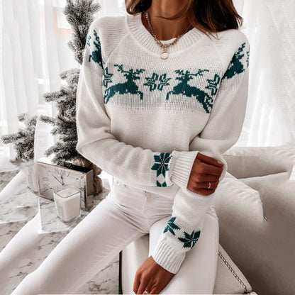 JuliaFashion - 2024 Women's Sweater Autumn Winter Tops O Neck Elk Snowflake Xmas Pullover