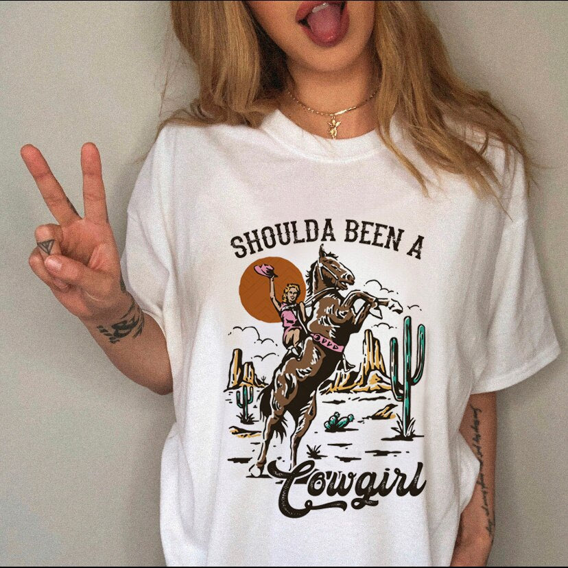 JuliaFashion - 2024 Women's T-shirt Western Cowboy Cartoon Letter Print Funny Cute Short