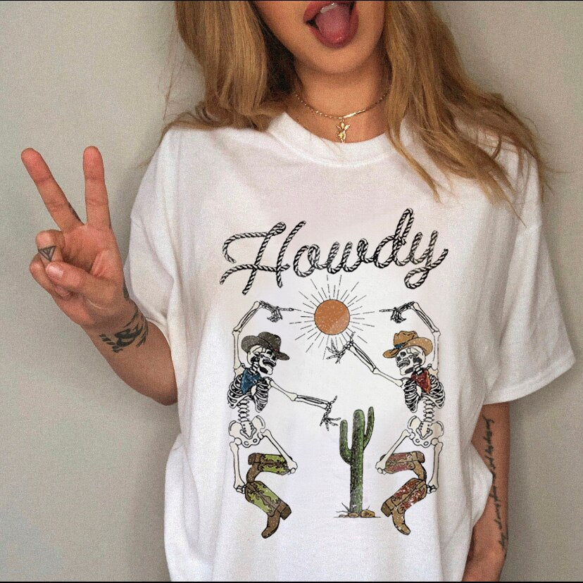 JuliaFashion - 2024 Women's T-shirt Western Cowboy Cartoon Letter Print Funny Cute Short