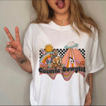 JuliaFashion - 2024 Women's T-shirt Western Cowboy Cartoon Letter Print Funny Cute Short