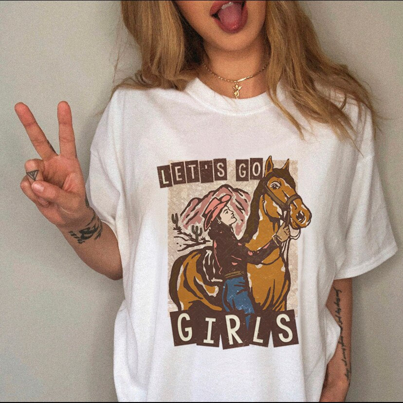 JuliaFashion - 2024 Women's T-shirt Western Cowboy Cartoon Letter Print Funny Cute Short