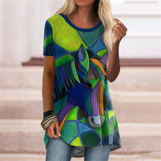 JuliaFashion - 2024 Womens Fashion Abstract Print Short Sleeves Round Neck T-Shirts Tops