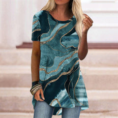 JuliaFashion - 2024 Womens Fashion Abstract Print Short Sleeves Round Neck T-Shirts Tops
