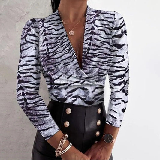 JuliaFashion - 2024 Sexy Leopard Print V-Neck Blouse