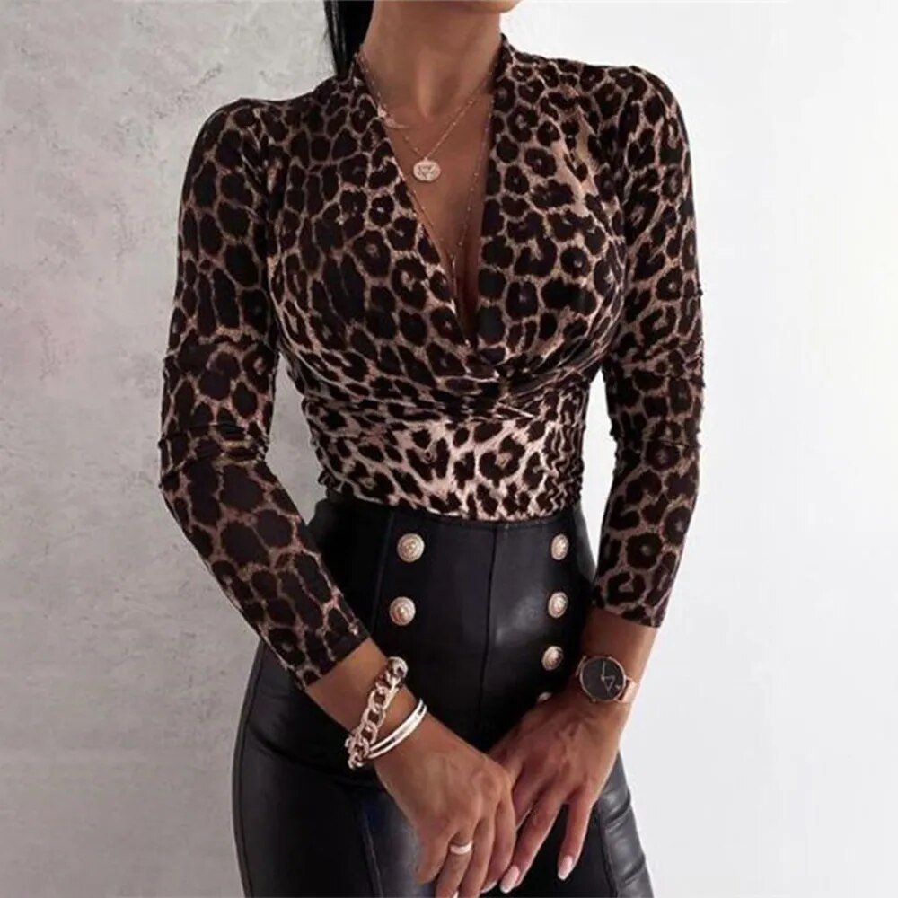 JuliaFashion - 2024 Sexy Leopard Print V-Neck Blouse