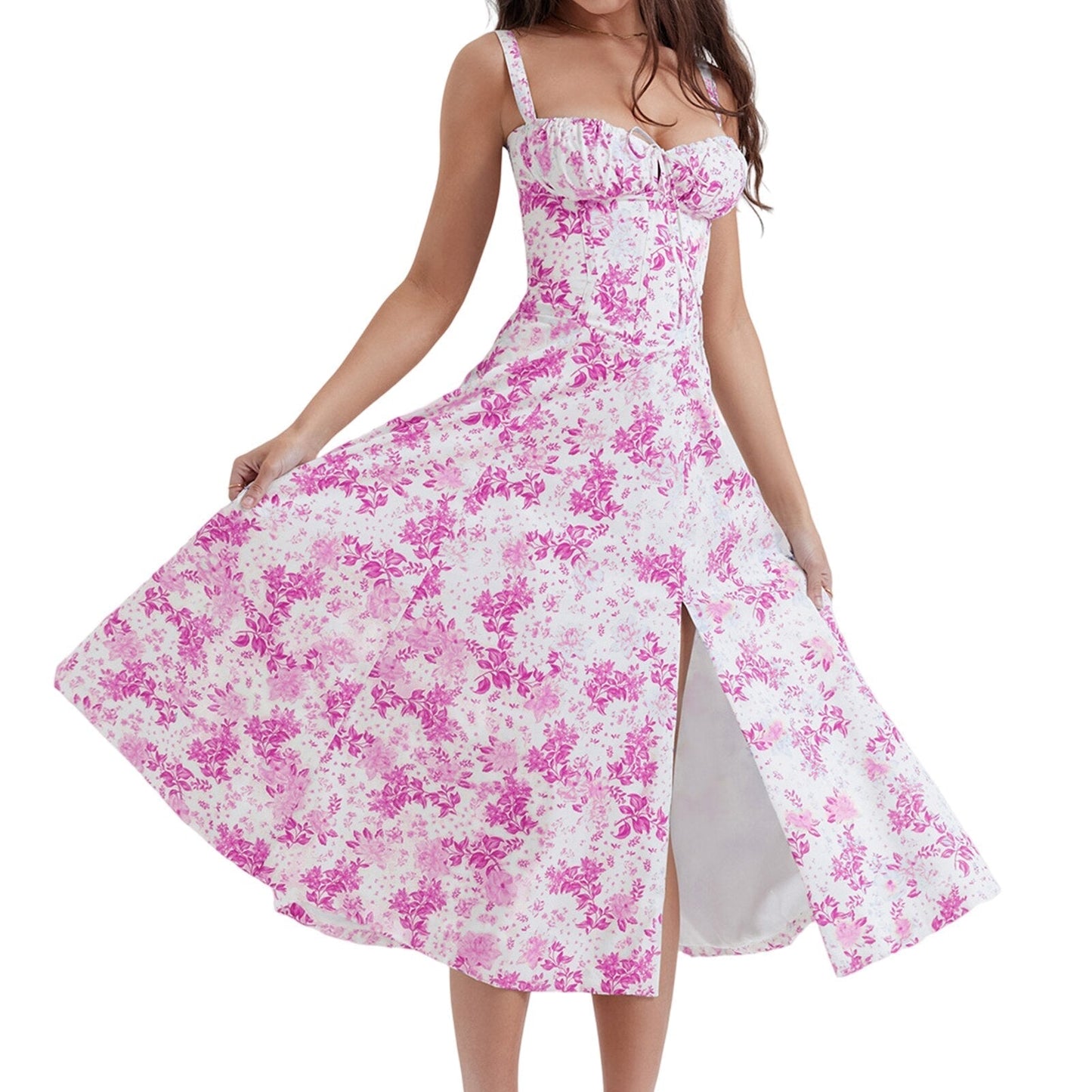 JuliaFashion - 2024 Vintage Floral Print A-line Midi Dress
