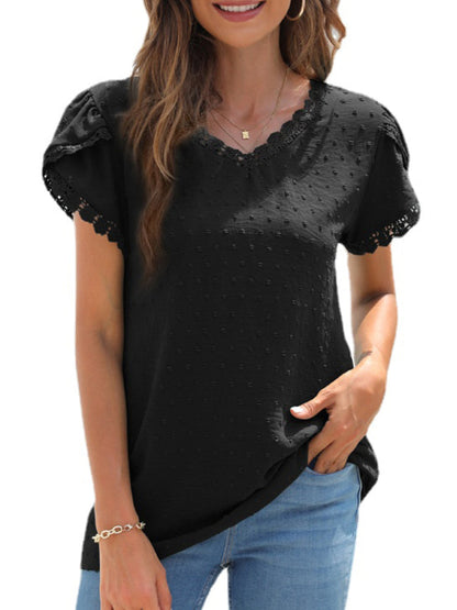 JuliaFashion - 2024 Womens Petal Short Sleeve Solid Chiffon Shirt V-neck Tops with Lace