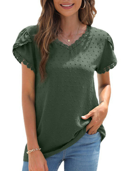 JuliaFashion - 2024 Womens Petal Short Sleeve Solid Chiffon Shirt V-neck Tops with Lace