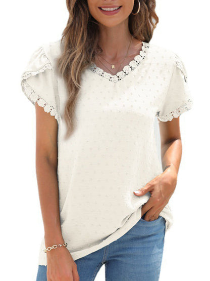 JuliaFashion - 2024 Womens Petal Short Sleeve Solid Chiffon Shirt V-neck Tops with Lace