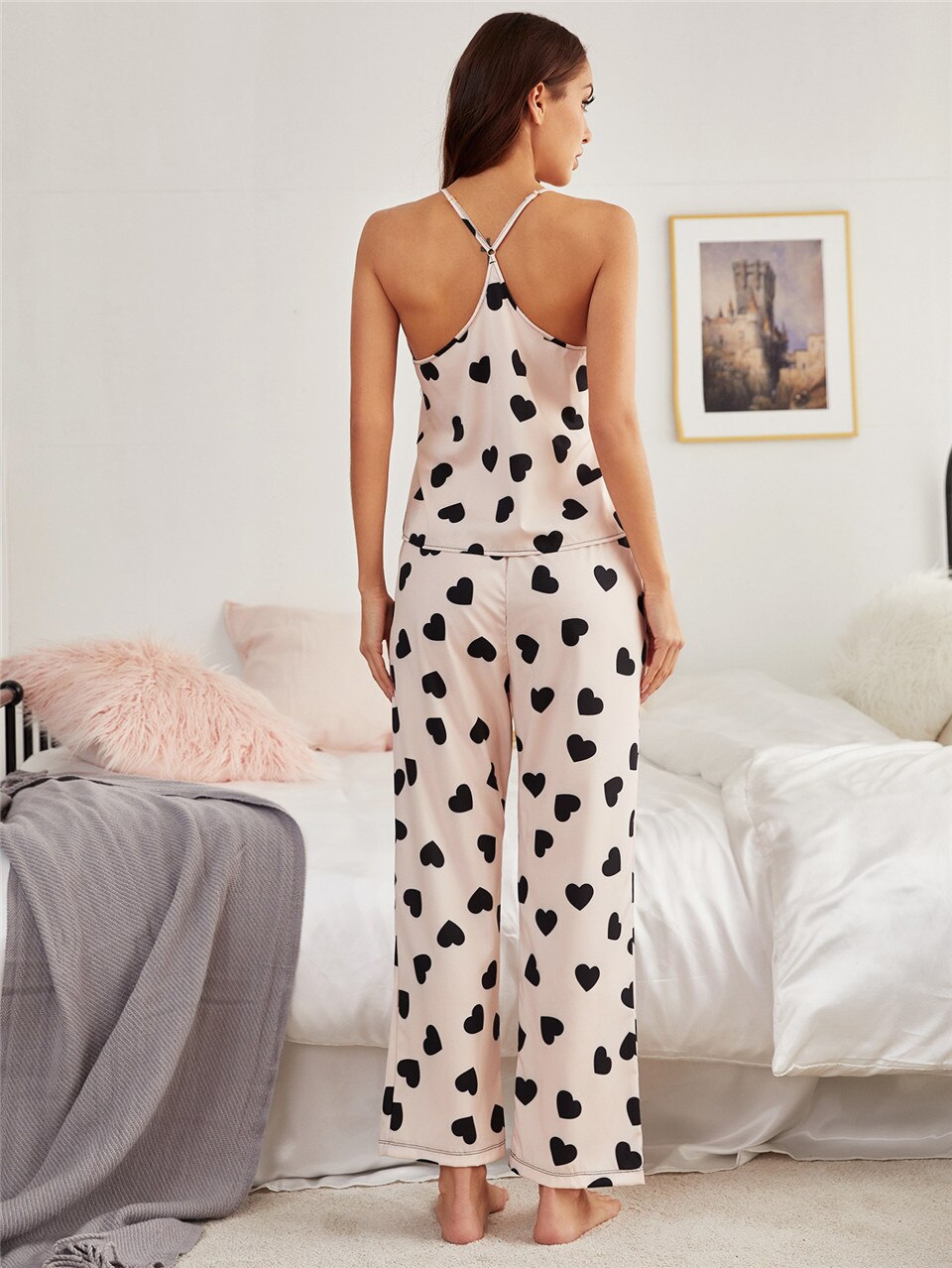 JuliaFashion-Cami Top with Pants Suit Print Pajamas Set