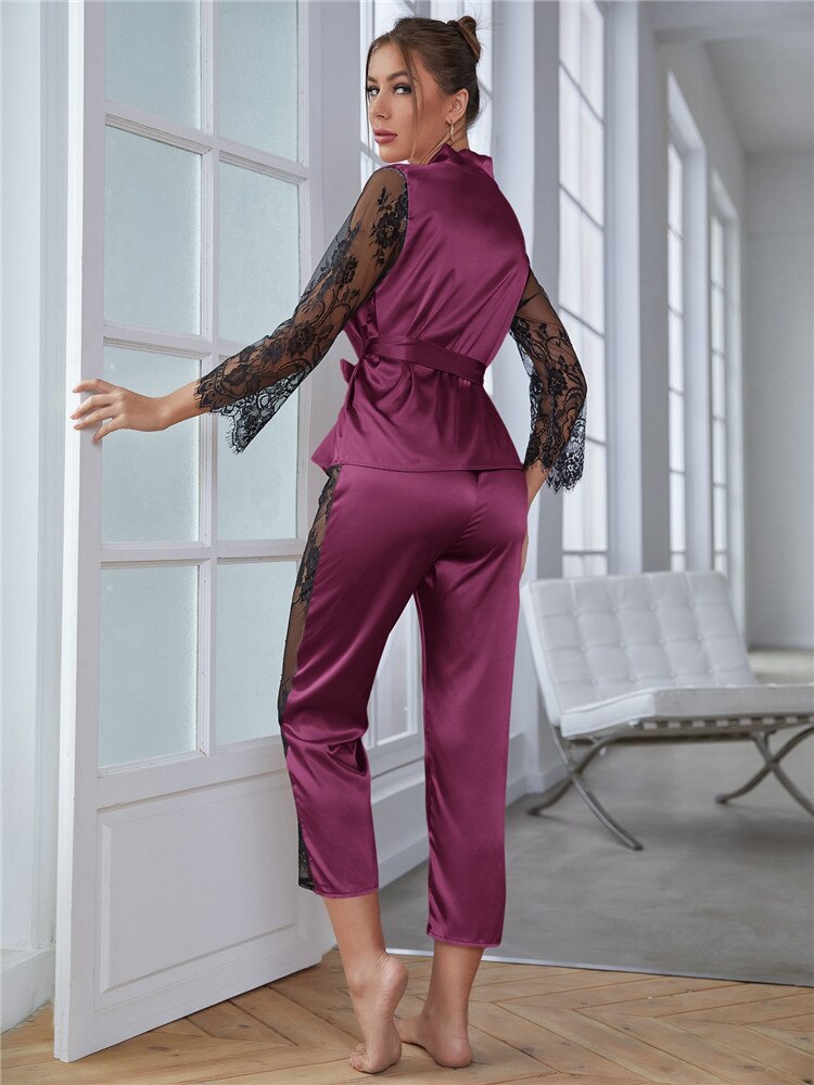 JuliaFashion-Hollow Out Lace Long Sleeve with Pant Loungewear