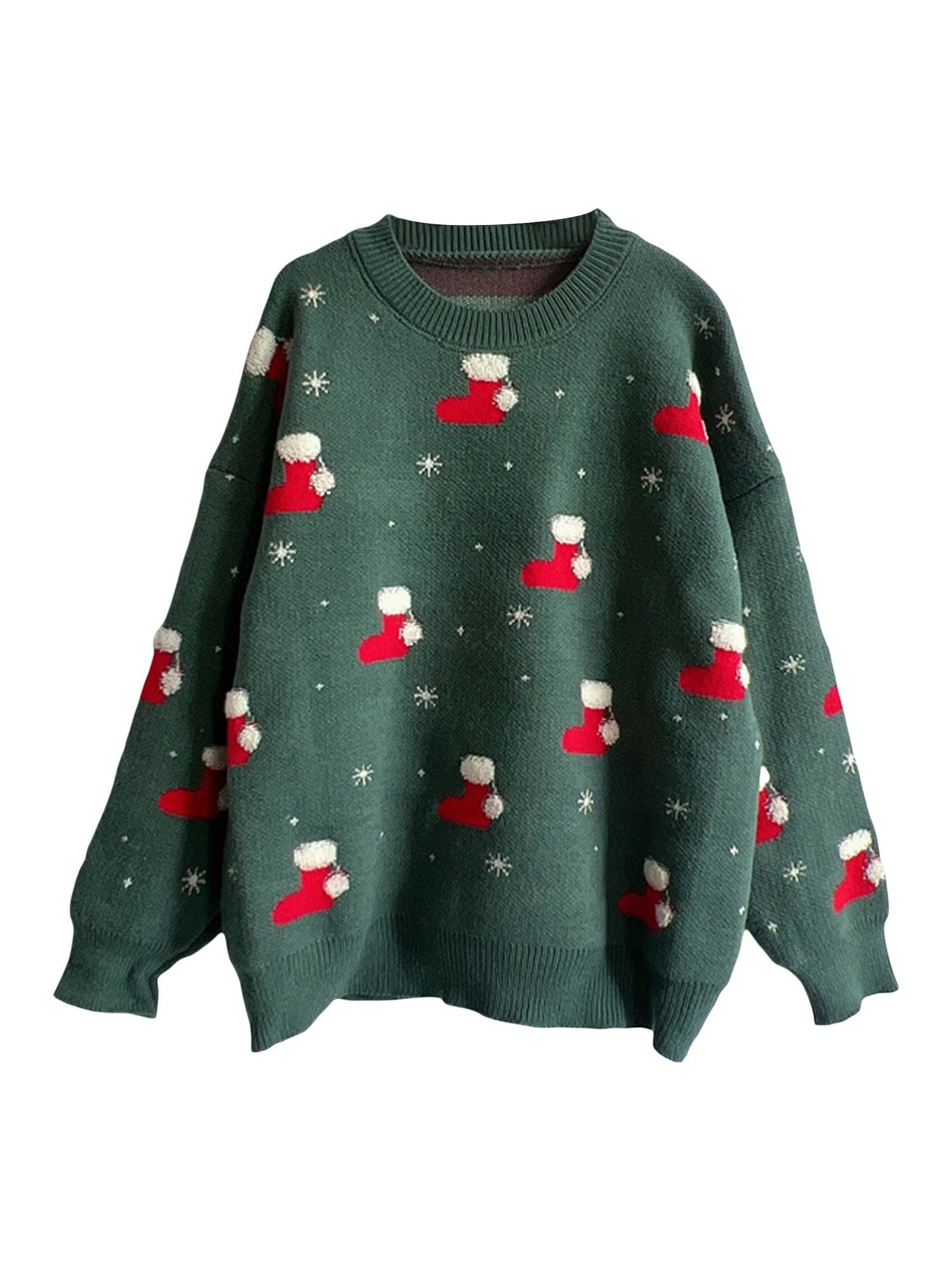 JuliaFashion-Y2K Long Sleeve Christmas Socks Printed Tops Loose Fit Casual Streetwear