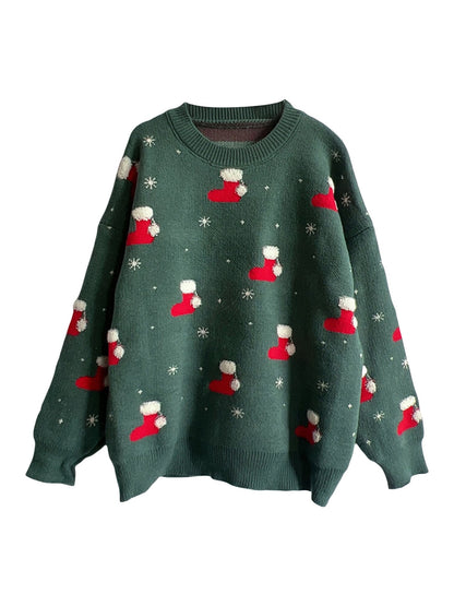 JuliaFashion-Y2K Long Sleeve Christmas Socks Printed Tops Loose Fit Casual Streetwear