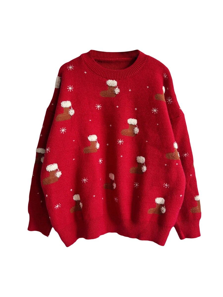 JuliaFashion-Y2K Long Sleeve Christmas Socks Printed Tops Loose Fit Casual Streetwear