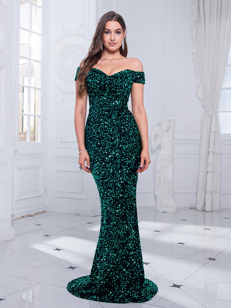 JuliaFashion - 2024 Stretchy Velvet Slash Neck Floor Length Night Dresses