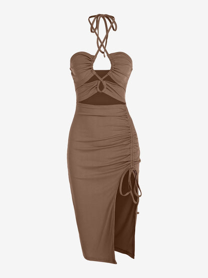 JuliaFashion-Chic Ribbed Criss Cross Cutout Halter Dress