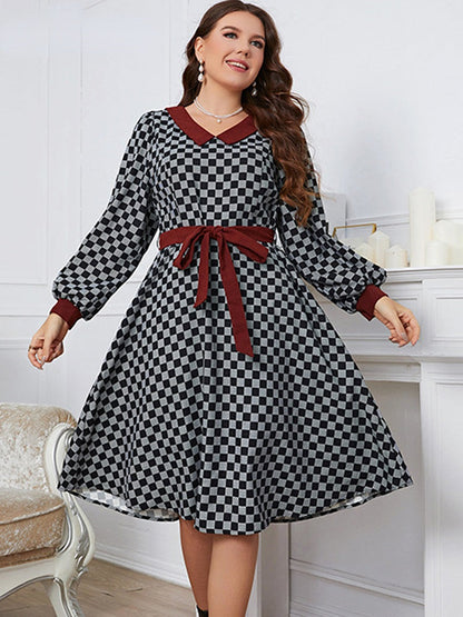 JuliaFashion-Plaid A-line Long Sleeve Lace Up Casual Office Dress