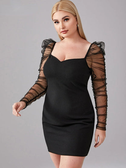 JuliaFashion-Mesh Long Sleeve Bodycon Curvy Party Dress