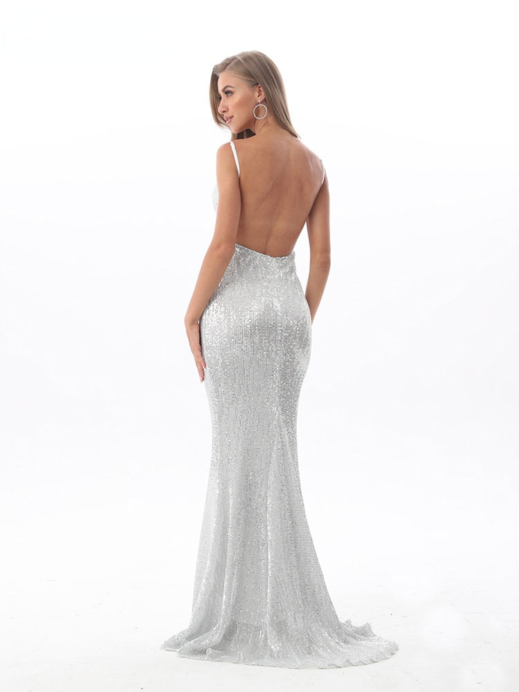 JuliaFashion - 2024 V-Neck Silver Sequined Bridesmaid Mermaid Dress