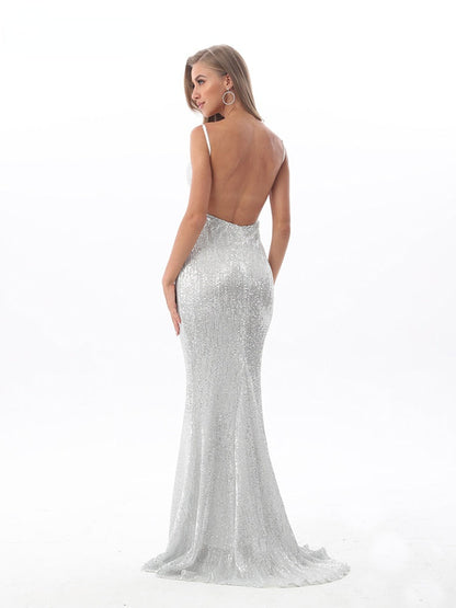 JuliaFashion - 2024 V-Neck Silver Sequined Bridesmaid Mermaid Dress