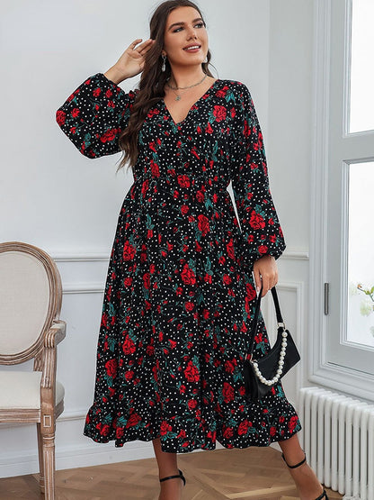 JuliaFashion - 2024 Print V-Neck Swing High Waist Loose Midi Dresses